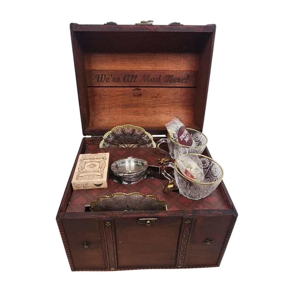 Alice In Wonderland Tea Set We're All Mad Here Glass Teapot Cups Wood Chest Box